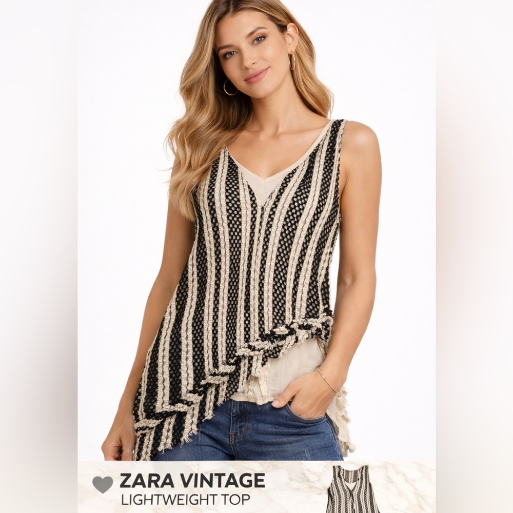 Vintage Black & Cream Striped Knit V-Neck Tank